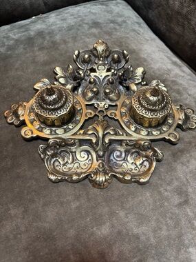 Ornate Brass-Tone Double Inkwell Desk Set - Decorative Home Office Accent